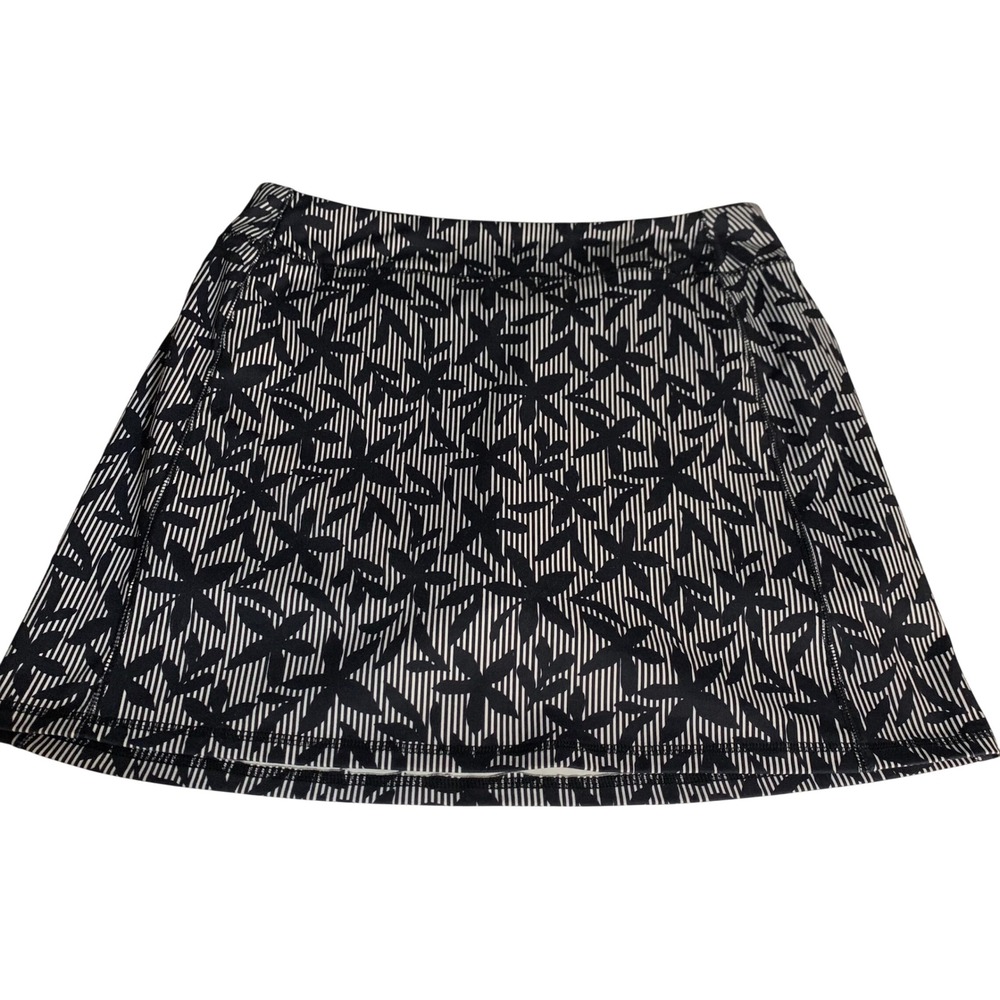 Lands' End Active Skort Womens M Black White Floral Striped Zip Pocket Stretch